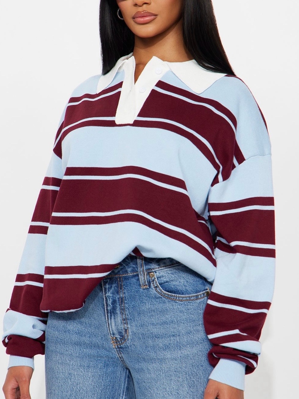 Fashion Nova Light Blue and Burgundy Striped V-Neck Sweater